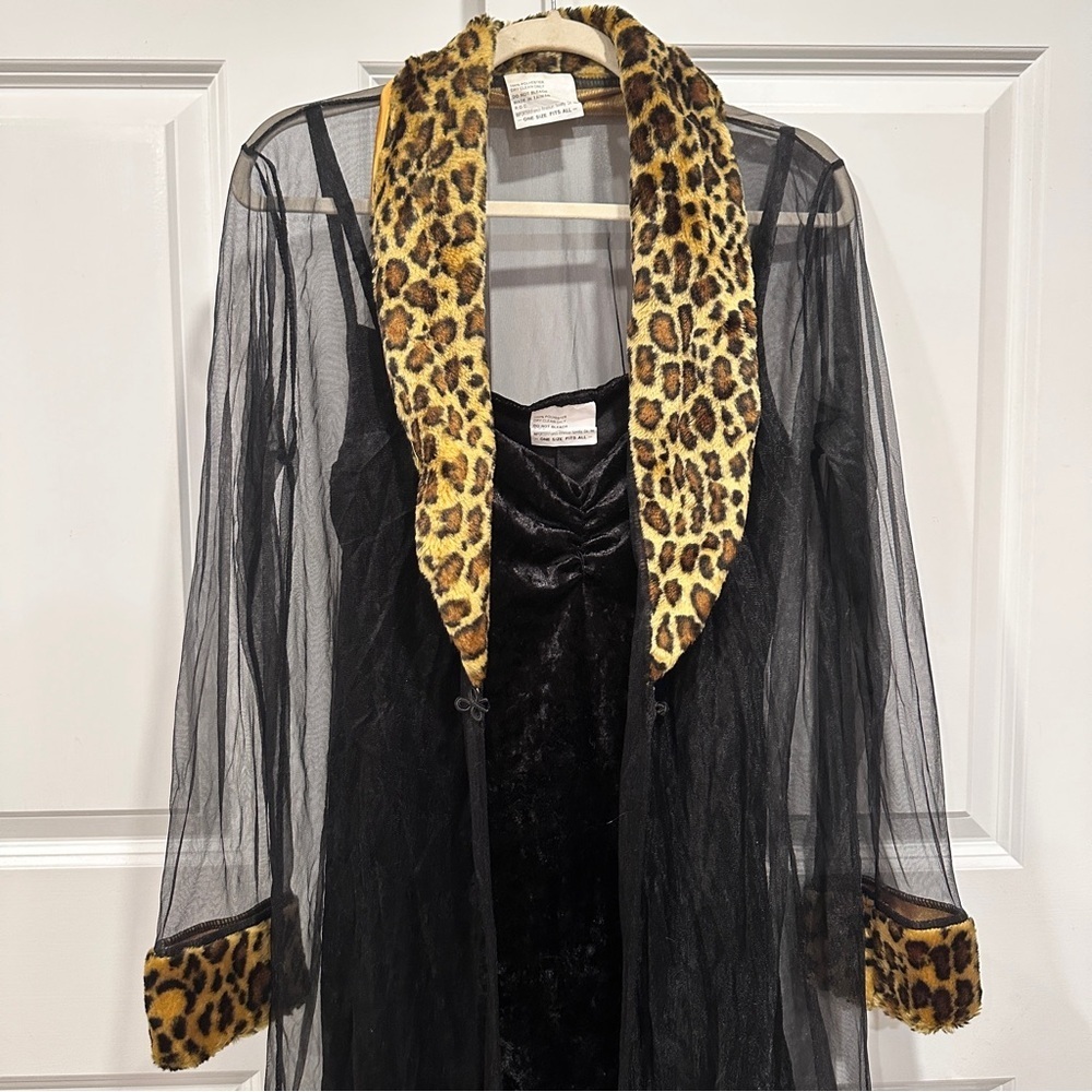 Black Sheer Robe with Leopard Trim and mini dress